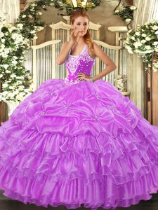 High End Lilac Straps Neckline Beading and Ruffled Layers and Pick Ups Quinceanera Gown Sleeveless Lace Up