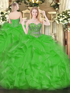 Wonderful Green Sleeveless Organza Lace Up 15th Birthday Dress for Military Ball and Sweet 16 and Quinceanera