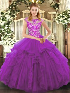 Comfortable Scoop Cap Sleeves Quince Ball Gowns Floor Length Beading and Ruffles Purple Organza