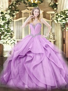  Sweetheart Sleeveless Quinceanera Gowns Floor Length Beading and Ruffles Lavender Tulle