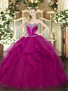 Exquisite Fuchsia Ball Gowns Tulle Sweetheart Sleeveless Beading and Ruffles Floor Length Lace Up Sweet 16 Dresses