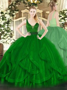 Custom Fit Dark Green Sweet 16 Dresses Military Ball and Sweet 16 and Quinceanera with Beading and Ruffles Straps Sleeveless Zipper