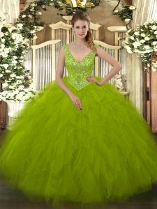 Elegant V-neck Sleeveless Sweet 16 Quinceanera Dress Floor Length Beading and Ruffles Olive Green Tulle