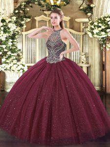 Smart Sleeveless Tulle Floor Length Lace Up Sweet 16 Dress in Burgundy with Beading