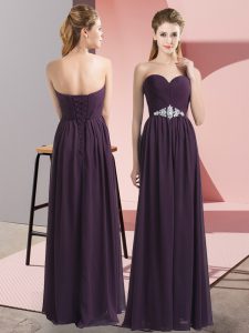 Best Floor Length Lace Up Prom Dresses Dark Purple for Prom and Party with Beading