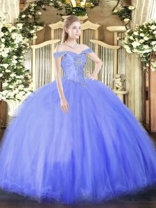  Blue Ball Gowns Beading Sweet 16 Dresses Lace Up Tulle Sleeveless Floor Length