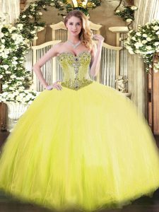 Dazzling Yellow Sleeveless Floor Length Beading Lace Up Ball Gown Prom Dress