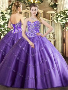 Custom Fit Sweetheart Sleeveless Lace Up Vestidos de Quinceanera Lavender Tulle