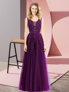 Charming Dark Purple Sleeveless Beading and Appliques Floor Length Evening Dress