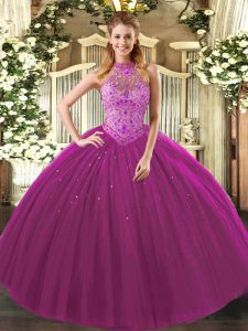 Elegant Fuchsia Sleeveless Floor Length Beading and Embroidery Lace Up Sweet 16 Dresses