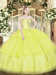 Classical Yellow Sleeveless Organza Lace Up 15th Birthday Dress for Military Ball and Sweet 16 and Quinceanera