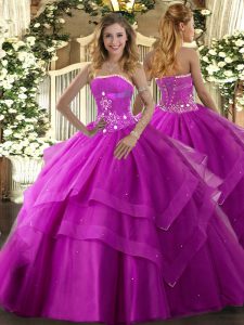 Customized Tulle Sleeveless Floor Length Sweet 16 Dresses and Beading and Ruffled Layers