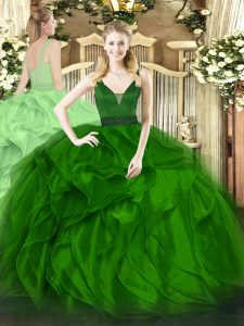 Excellent Green Sleeveless Beading and Ruffles Floor Length Sweet 16 Dress