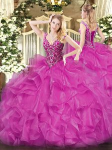 Admirable Fuchsia Long Sleeves Beading and Ruffles Floor Length Ball Gown Prom Dress