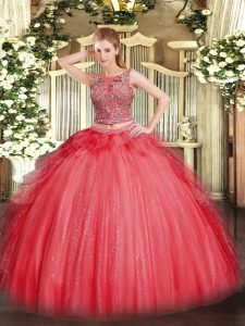  Coral Red Two Pieces Beading and Ruffles Sweet 16 Dresses Lace Up Tulle Sleeveless Floor Length