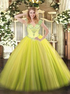  Sleeveless Tulle Floor Length Lace Up 15 Quinceanera Dress in Yellow Green with Beading and Ruffles