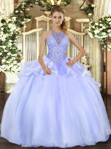 Best Blue Lace Up Ball Gown Prom Dress Beading Sleeveless Floor Length