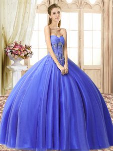 Spectacular Sleeveless Floor Length Beading Lace Up Quinceanera Dress with Blue