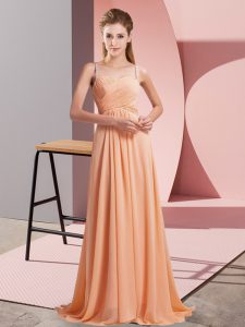Pretty Spaghetti Straps Sleeveless Sweep Train Criss Cross Prom Party Dress Orange Chiffon
