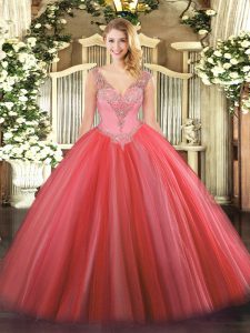  Coral Red Tulle Lace Up 15th Birthday Dress Sleeveless Floor Length Beading