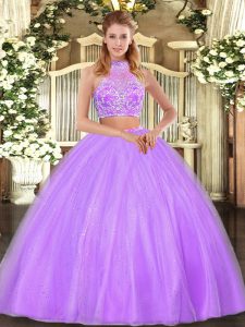 Super Lilac Tulle Criss Cross Halter Top Sleeveless Floor Length Sweet 16 Quinceanera Dress Beading