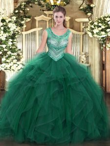  Dark Green Sleeveless Floor Length Beading and Ruffles Lace Up Sweet 16 Dresses