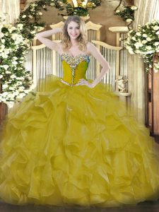 Customized Gold Organza Lace Up Quince Ball Gowns Sleeveless Floor Length Beading