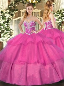  Ball Gowns Quinceanera Gowns Hot Pink Sweetheart Tulle Sleeveless Floor Length Lace Up