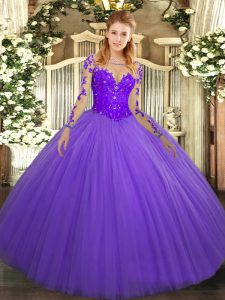  Floor Length Lavender Quinceanera Gowns Scoop Long Sleeves Lace Up