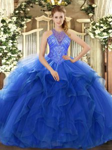 Colorful Blue High-neck Lace Up Beading and Ruffles Quinceanera Dresses Sleeveless