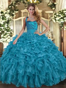 Noble Teal Ball Gowns Ruffles Quinceanera Gowns Lace Up Organza Sleeveless Floor Length