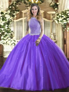 Glittering High-neck Sleeveless Quinceanera Gown Floor Length Beading Lavender Tulle