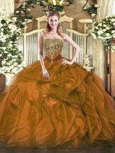Fashion Brown Ball Gowns Beading and Ruffles Sweet 16 Dresses Lace Up Organza Sleeveless Floor Length