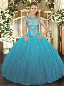 Glorious Teal Tulle Lace Up Scoop Sleeveless Floor Length Sweet 16 Quinceanera Dress Beading