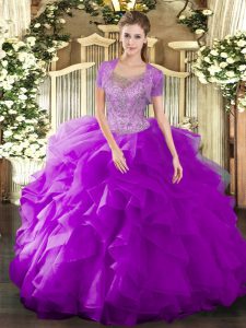 Cute Fuchsia Clasp Handle Scoop Beading and Ruffled Layers Sweet 16 Quinceanera Dress Tulle Sleeveless