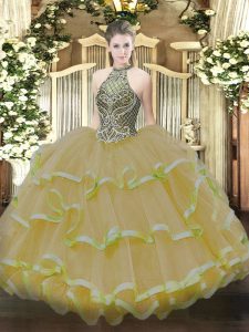  Floor Length Gold Quince Ball Gowns Halter Top Sleeveless Lace Up