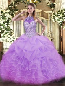 Exceptional Lavender Sleeveless Floor Length Beading and Ruffles and Pick Ups Lace Up Quinceanera Dresses