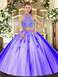  Lavender Tulle Criss Cross Ball Gown Prom Dress Sleeveless Floor Length Beading