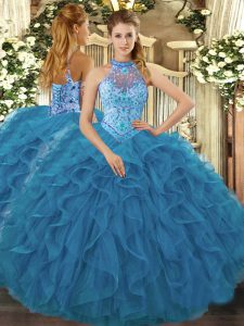 Cute Floor Length Lace Up Ball Gown Prom Dress Teal for Sweet 16 and Quinceanera with Embroidery and Ruffles