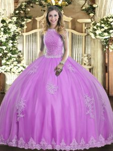 Hot Sale High-neck Sleeveless Sweet 16 Dresses Floor Length Beading and Appliques Lilac Tulle