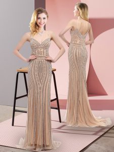 Champagne Lace Zipper Spaghetti Straps Sleeveless Prom Evening Gown Sweep Train Beading