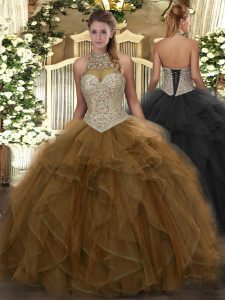  Sleeveless Floor Length Beading and Ruffles Lace Up Quinceanera Gown with Brown