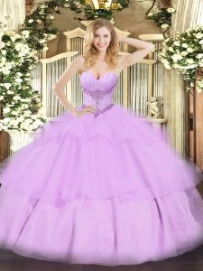  Lavender Ball Gown Prom Dress Military Ball and Sweet 16 and Quinceanera with Beading and Ruffled Layers Sweetheart Sleeveless Lace Up