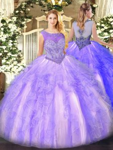  Sleeveless Organza Floor Length Lace Up Sweet 16 Quinceanera Dress in Lavender with Beading and Ruffles