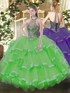  Sleeveless Organza Floor Length Lace Up Sweet 16 Quinceanera Dress in with Beading and Ruffles
