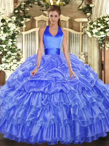 Free and Easy Floor Length Lace Up Sweet 16 Dresses Blue for Military Ball and Sweet 16 and Quinceanera with Ruffled Layers and Pick Ups