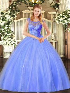  Scoop Sleeveless Quinceanera Gown Floor Length Beading Blue Tulle