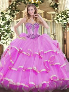 Extravagant Sweetheart Sleeveless Quinceanera Dress Floor Length Beading and Ruffles Lilac Organza