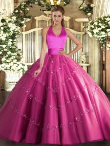 High End Hot Pink Tulle Lace Up Quinceanera Gown Sleeveless Floor Length Appliques