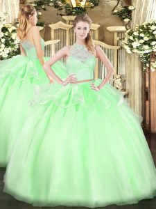 Superior Apple Green 15th Birthday Dress Military Ball and Sweet 16 and Quinceanera with Lace Scoop Sleeveless Zipper